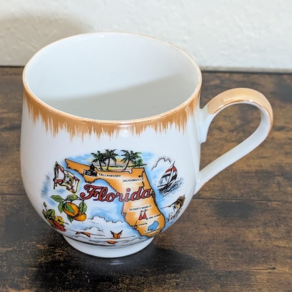 VTG Florida Souvenir Mug Ceramic Orange Gold Trim State Map Design Made in Japan - Picture 2 of 8